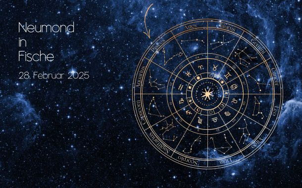Eine Tierkreisrad-Abbildung vor einem sternenklaren Hintergrund hebt das Sternzeichen Fische hervor. Links im Bild steht in weißer Schrift „Neumond in Fische“ und darunter „28. Februar 2025“. Der Himmel ist mit funkelnden Sternen übersät und das Tierkreisrad ist detailliert gestaltet, wobei das Symbol für Fische besonders hervorgehoben ist. Die Farben sind überwiegend dunkelblau und schwarz, um die Nacht darzustellen, mit leuchtenden weißen Elementen zur Hervorhebung der Schrift und Sterne.