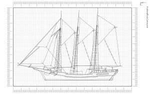 Konstruktionszeichnung eines historischen Segelschiffs auf Karopapier und Lineal an den Rändern